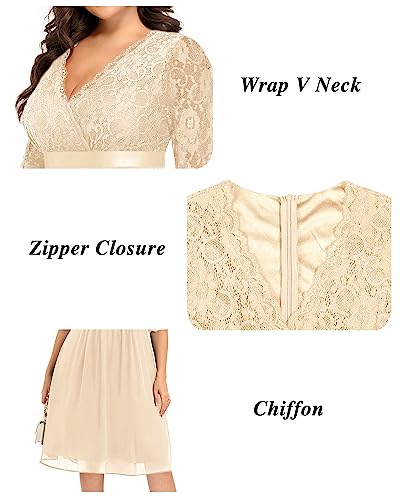 Image of Pinup Fashion Plus Size Lace Chiffon Wrap V Neck Dresses Women Cocktail Wedding Guest Midi Dress