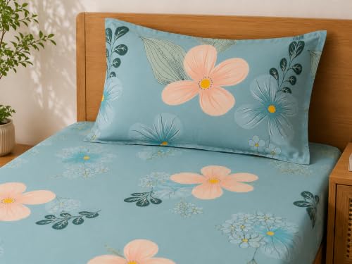 Image of LOOMLYFE Microfiber Soft Cotton Single Bed Bedsheet for Diwan Bed, Size 60 Inches X 90 Inches, 152 X 230 cm with 1 Large Size Pillow Covers Without Joint - SkyPeachFlower