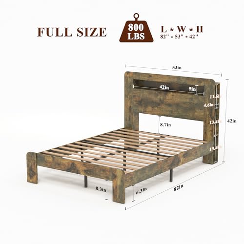 Image of Bellemave Rustic Vintage Full Size Bed Frame with Bookshelves,Storage Headboard and Charging Station,Wooden Platform Bed Frame Full Size with LED Lights and Wood Slats,Easy Assembly,Dark Brown