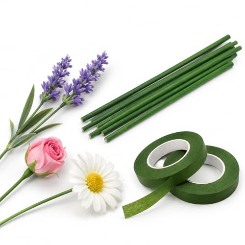 Image of TRAIS Green Floral Wire & Tape Set - 10 Floral Stem Wires and 2 Floral Tapes for Flower Making, Bouquet Wrapping, Florist Supplies, DIY Crafts & Wedding Decorations