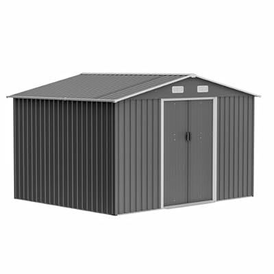 ANTSKU 10 x 8 FT Outdoor Storage Shed, Metal Garden Shed with Floor Frame, Large Tool Shed Outdoor Storage with Lockable Sliding Doors & Air Vents, Storage House Waterproof for Backyard, Lawn, Gray