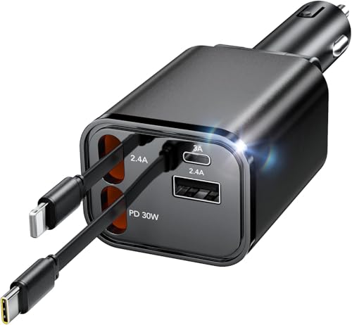COCIVIVRE 4 in 1 Auto Ladegerät,Einziehbares Auto Schnellladegerät Zigarettenanzünder USB,Car Charger,Auto Adapter Kompatibel mit iPhone 16 15 14 Pro/Pro Max/Plus, Galaxy S24 23 22, Pixel,Huawei Mate