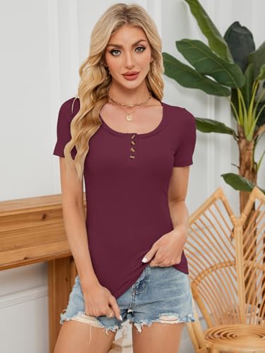 Women's Short Sleeve Tops 3 Pack Ribbed Knit Scoop Neck Button Down Tees Henley Summer Basic Shirts 20253