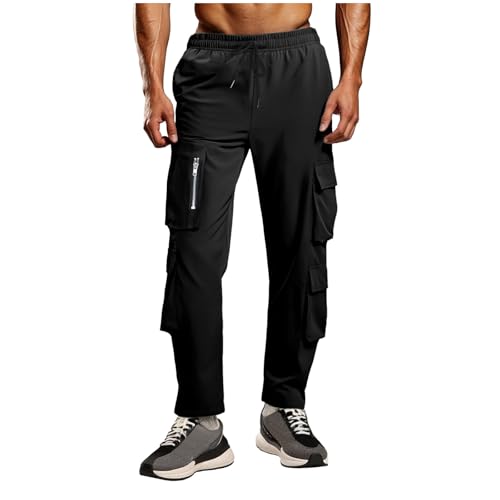 Men's Cargo Pants Lightweight Solid Straight Leg Baggy Trousers Trendy Casual Elastic Waist Multi Pockets Cargo Jogger