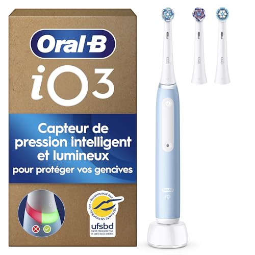 Oral-B Brosse à Dents Electrique iO 3 avec 3 Brossettes de Rechange, Bleue – 3 Modes de Brossage Silencieux dont Douceur et Blancheur, Capteur de Pression...