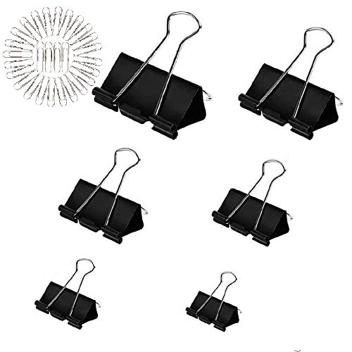 Viccess 155 Pièces Pinces Double Clips et 100 Pièces Trombones de Papier,Papier Clips Pinces Papier Metal Foldback Clips 6 Tailles Différentes Pinces à Usages Multiples