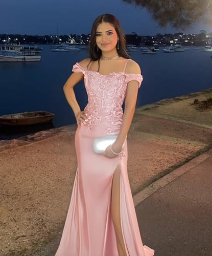 Mermaid Satin Sequin Prom Dresses for Women Corset Lace Applique Off Shoulder Formal Evening Gown with Slit3