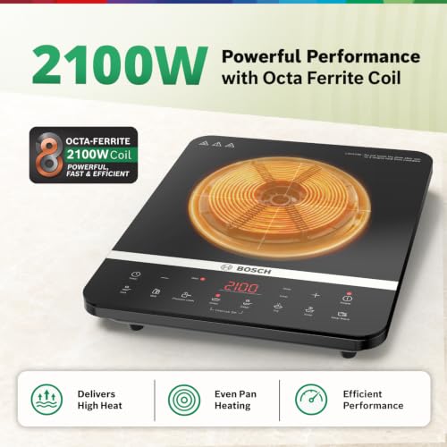 Image of Bosch TrueSafe Indi 2100W Ultra-Sleek Induction Cooktop | Feather Touch Control Panel | Superior 6KV Surge Protection | 8 Preset Menus & Timer | 3 Year Coil Warranty | Child Safety Lock | (PI815S11EI)