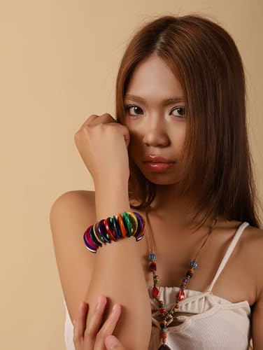 MINACHI Boho Chunky Colorful Wooden Bead Stretch Bracelet, Handmade Bohemian Statement Jewelry For Women3