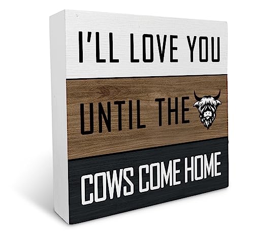 Image of KU-DaYi I Love You Until The Cows Come Home Cute Highland Cow Wood Box Sign Rustic Farmhouse Style Wood Block Plaque Decor for Country Home Bedroom Wall Desk Shelf Decoration,Love Gifts for Her Wife