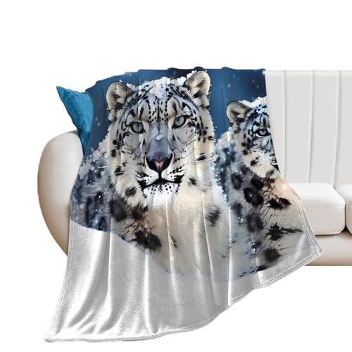 Couverture léopard des neiges yeux bleus, jeté de lit décoratif chaud