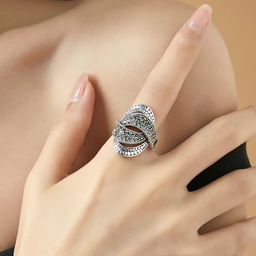 Image of Mytys Vintage Wide Ring Classic Black Marcasite Crystal Rows Statement Silver Chunky Rings