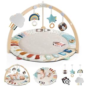 Blissful Diary Baby Play Gym & Activity Mat, 5 Developmental Zones Wooden Tummy Time Mat with 6 Detachable Sensory Toys for Motor Skills & Sensory Development, Baby Essentials Shower Gift