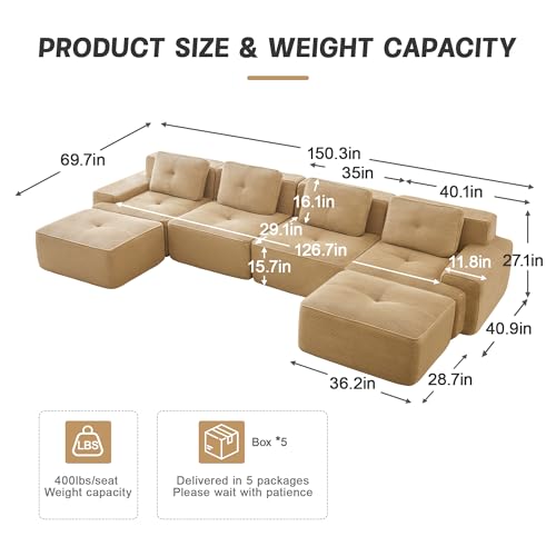 Image of Corduroy Modular Sectional Sofa, Oversized Cloud Couches for Living Room