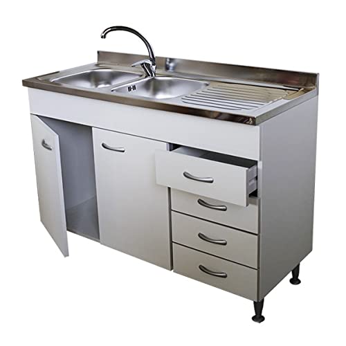 Mueble de cocina modular de 120 cm con cajonera y fregadero de acero inoxidable.