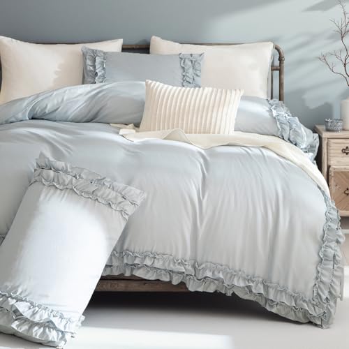 Bedrom Ruffled Queen Duvet Cover Set Blue Grey Bedding Set