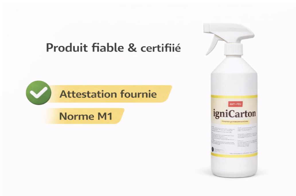 Spray Ignifuge Carton et papier 1L – Traitement Anti-Feu Certifié M1 – Protection Incendie pour Carton, Papier & Emballage – Prêt à l’Emploi – Fabriqué en France