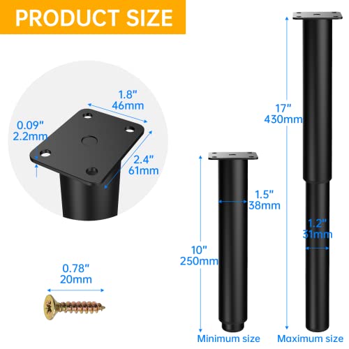Komohom(2Pcs 10~17 Inch Adjustable Height Metal Furniture Legs,Bed Frame Center Support Leg, Wood Furniture Replacement Legs For Bed Frame,Sofa,Dresser,Coffeetable,Couch,Cabinet(Black) #TOP7