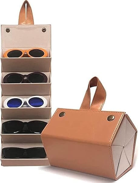 Bigzope Sunglasses Organizer with 5 Slots, Travel Glasses Case Storage Portable Sunglasses Storage Case Bag Foldable Eyeglasses Holder Box, Eyewear Display Containers for Men & Women (Brown)-image-36