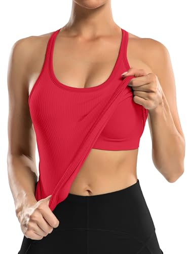 Image of ATTRACO Ribflex Ribbed Workout Tank Tops for Women with Built in Bra Racerback Scoop Neck Athletic Top