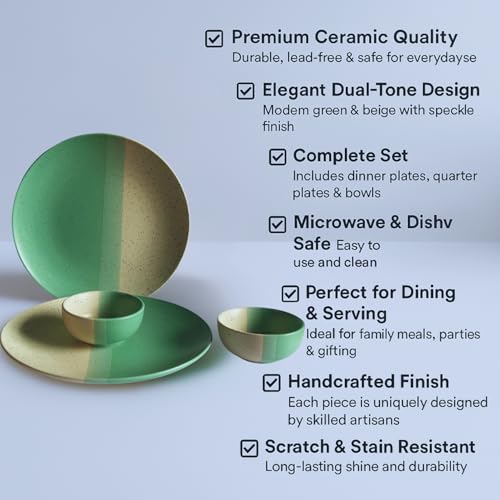 Image of Ceramic Dinner Set 18-Piece Dual Tone Mint Green & Beige Speckled 6 Dinner Plates, 6 Quarter Plates & 6 Bowls