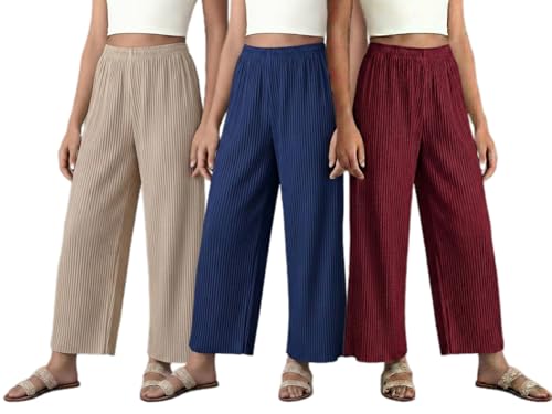 Image of Set of Combo Trouser and Pants for Girls and Women's Relaxed Fit Stretchable Regular Fit Palazzos Lightweight Elastic Waistband Bottoms for Daliy Office & Casual Wear
