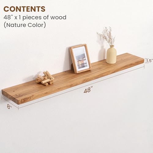 Image of Floating Shelves for Wall, 48 inchWx8 inchD Rustic Solid Elm Wood Floating Shelves Wall Mounted, Round Edge Wall Shelves with Invisible Bracket for Living Room Bathroom Bedroom Kitchen, Set of 1, Natural