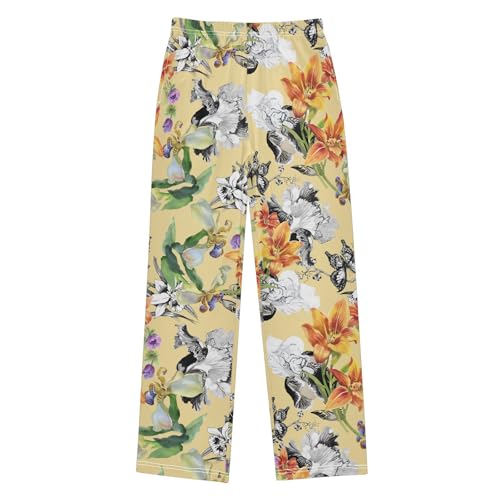 Spring Flowers Butterfly Boys Long Pants Soft Trousers Elastic Waist Kids Lounge Bottoms with Pockets S-XL