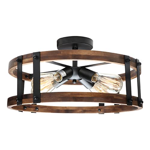 Image of Semi Flush Mount Ceiling Light Fixture, Modern Farmhouse Wood Drum Ceiling Lamp, Rustic Close to Ceiling Lighting for Hallway Entryway Laundry Room Bedroom (Bulb Not Included)