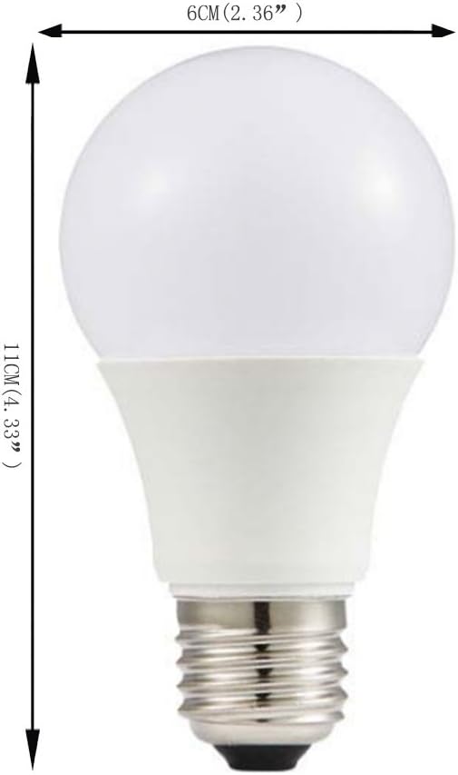 Dimensions of Bulbright A19 LED bulb: 6cm (2.36 inches) width, 11cm (4.33 inches) height