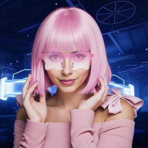 Image of ANOGOL Light Pink Bob Wig with Bangs Baby Pink Wigs for Women Colored Wigs | Hair Cap+Sunglasses Short Neon Wig for Bachelorette Party Funny Outfit for Women Halloween Costume Night Club Crazy Hair Day