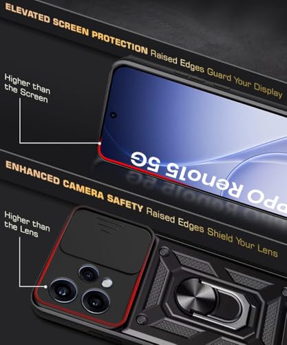 Image of WOW IMAGINE Tough Armor Bumper Mobile Back Case for Oppo Reno 15 5G | Sliding Camera Cover | Shock Proof 360 Protection | Hybrid PC + TPU | Ring Holder with Kickstand - Black