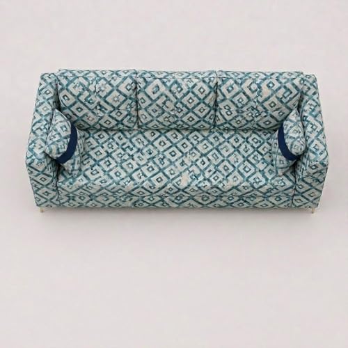 Image of FURNY Signature Cresta 3 Seater Sofa Set | Tapestry Fabric | 40D Foam + Zigzag Spring | 3-Yr Warranty (Lagoon Mosaic Blue) | Modern Living Luxury Sofa Set for Home, Office & Hotel Spaces
