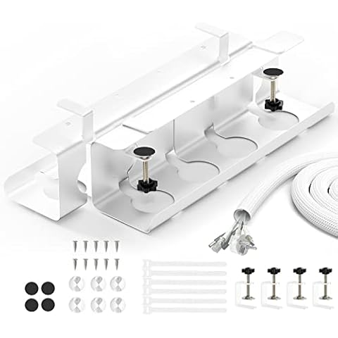 BANNIO Kabelkanal Schreibtisch - 2er Set Kabelmanagement Schreibtisch ohne Bohren - 43cm Kabelhalter Kabelwanne Tisch Inkl. Zubehör - Kabelkorb Kabelschacht für Ordnung am Arbeitsplatz - Weiß Cover