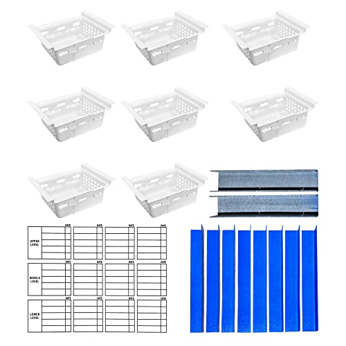 System. Organizer for Freezers 8 to 15 cubic feet. Creates 3 levels of sliding baskets. 8 bins and magnetic organizer. PLEASE MEASURE YOUR FREEZER BEFORE ORDERING.