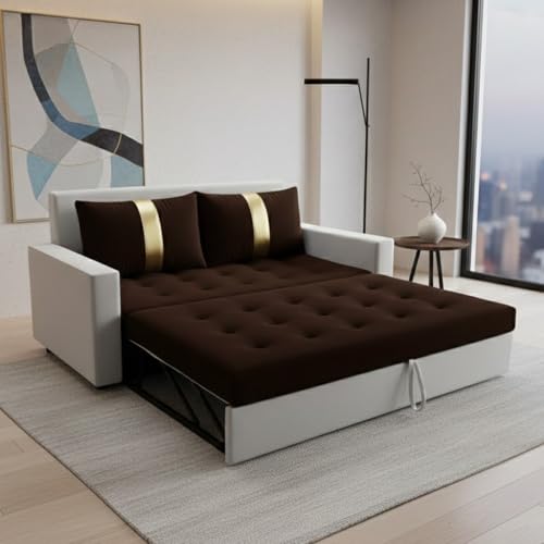 Image of FURNY Tressa 2 Seater Fabric Pull-Out Sofa Cum Bed (Light Grey-Dark Brown) Premium Velvet Finish | Durable Comfort | Ideal for Living Room