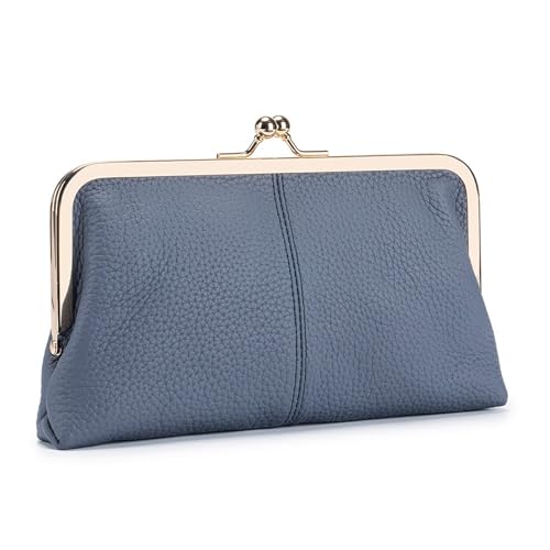Image of Vintage Kiss Lock Leather Wallet for Women, Clutch, Blue | Genuine Leather, Multi-card Slots Card Holder Clutch Purse Travel Wallet