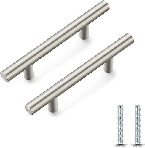 Home & Beyond - 10 tiradores de níquel cepillado para gabinetes, mango de 4.8 pulgadas (4.882 in), distancia entre tornillos de 2.5 pulgadas,