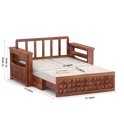 Image of Sheesham Wood 2 Seater Diamond Sofa Cums Bed with Storage and Side Pockets for Living Room | Rosewood Sofa Cums Bed (Honey)