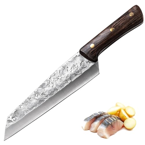 Fubinaty Japanese Chef's Knife 7 Inch Professional Kiritsuke Knife Handmade Forged Cooking Knife High Carbon Steel Full Tang Kitchen Slicing Knife with Ergonomic Wooden Handle