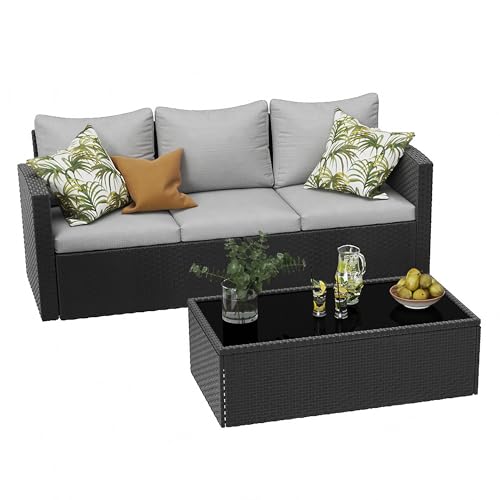 SUNVIVI OUTDOOR Outdoor Patio Couch with Coffee Table, All Weather PE Wicker Rattan Patio Sofa with Upgraded Cushions, Outdoor Furniture for Lawn Backyard Poolside Porch Garden, Gray - Thumbnail 7