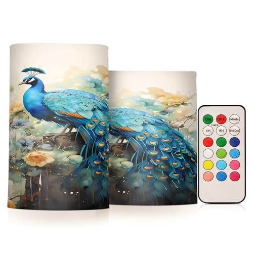 Image of ALAZA Blue Peacock Yellow Flowers Flickering Flameless Candles Battery Operated with Remote Timer,Tea Light Candles LED Pillar Votive Candles Set of 2 for Outdoor Indoor Decorations