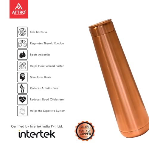 Image of ATTRO Arth Copper Bottle Design Boosts Immunity Leakproof & Lightweight |Anti-Bacterial, BPA Free with Secure Cap for School, Travel, Gym & Work 900ml Matt
