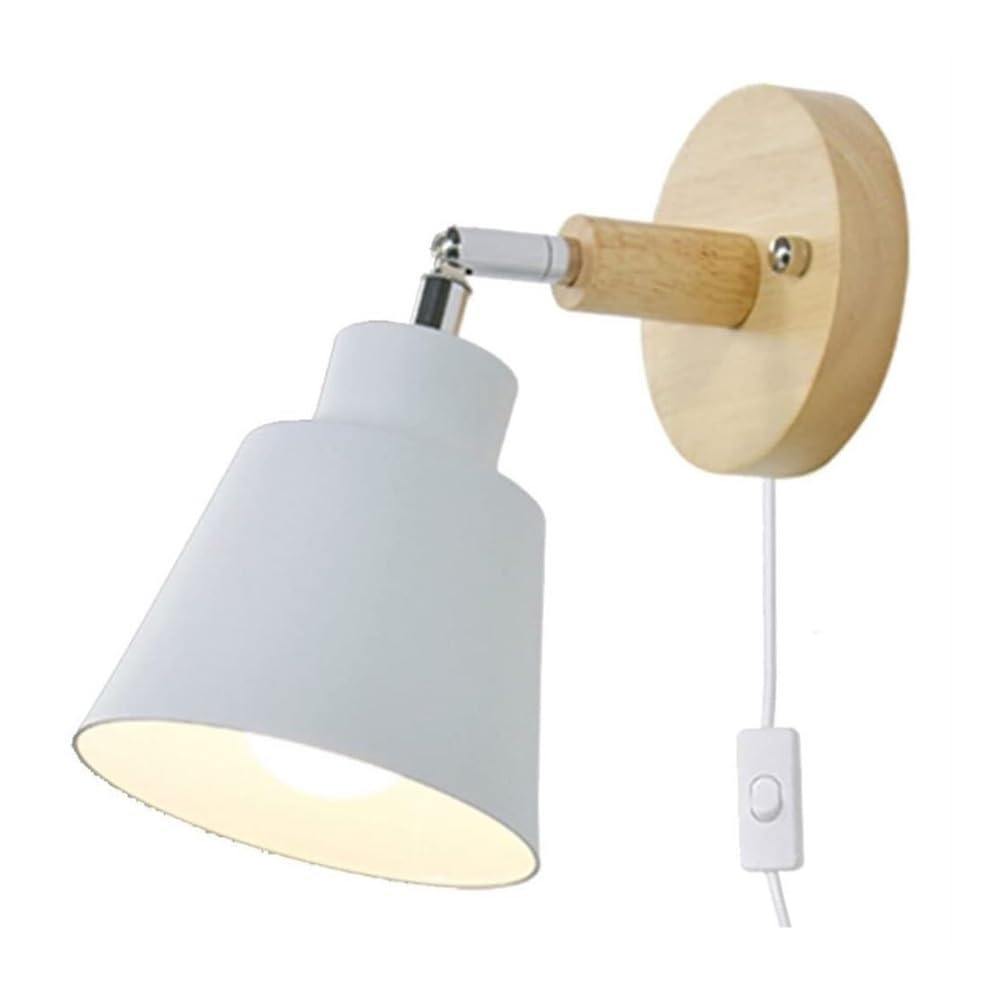 ZTKBH Nordic Minimalist Rotation Wall Lamp, Wood Metal Plug in Wall Sconces W/Switch Wall Mounted Lighting Fixture for Kids Bedroom Bedside Reading Living Room Corridor Hotel(White)