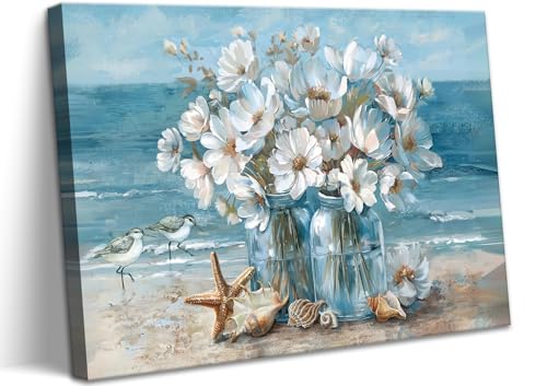 Blue Coastal Beach Bathroom Wall Art Seaside Seashell Starfish Painting Print Mason Jar White Daisies Canvas Picture Wall Decor Seascape Theme Flower Print Artwork for Living Room Bedroom 16x24"