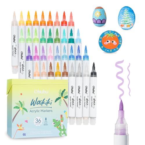Image of Ohuhu Acrylic Paint Markers Brush Tip Top Pump 36 Colors Paint Pens Excellent Coverage Acrylic Markers Waterproof Lightfast for Rock Painting 3D Prints Egg Wood Glass Ceramic DIY Crafts - Waikiki
