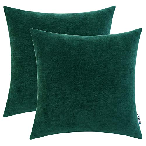 HWY 50 Dark Green Throw Pillows Covers 18x18 Inch for Couch Sofa Living Room Bed, Chenille Soft Comfy Solid Decorative Square Throw Pillow Case Set Cushion Cover Pack of 2