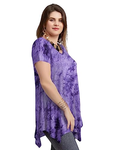 Larace Tie Dye Shirt Women Casual Tops Plus Size V Neck Blouses Short Sleeve Summer Clothes Flowy Asymmetrical Tee(B-Purple 2X) #TOP2