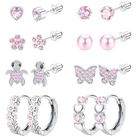 THUNARAZ Hypoallergenic Screwback Earrings Studs for Girls Women 316L Stainless Steel Cute Heart Hoop Earrings CZ Butterfly Turtle Screw Back Stud Earrings 20G(Pink) Cover