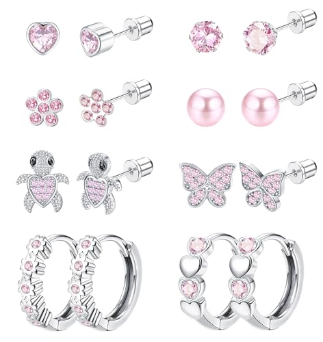 THUNARAZ Hypoallergenic Screwback Earrings Studs for Girls Women 316L Stainless Steel Cute Heart Hoop Earrings CZ Butterfly Turtle Screw Back Stud Earrings 20G